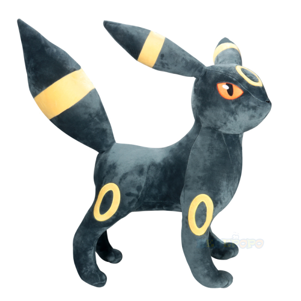 Grande peluche di Umbreon, il pokemon che assomiglia a una volpe nera con strisce e cerchi gialli sul suo mantello