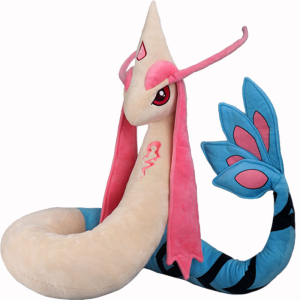 Molto grande pokemon peluche, simile a un serpente, con coda blu, corpo beige e orecchie e occhi rosa